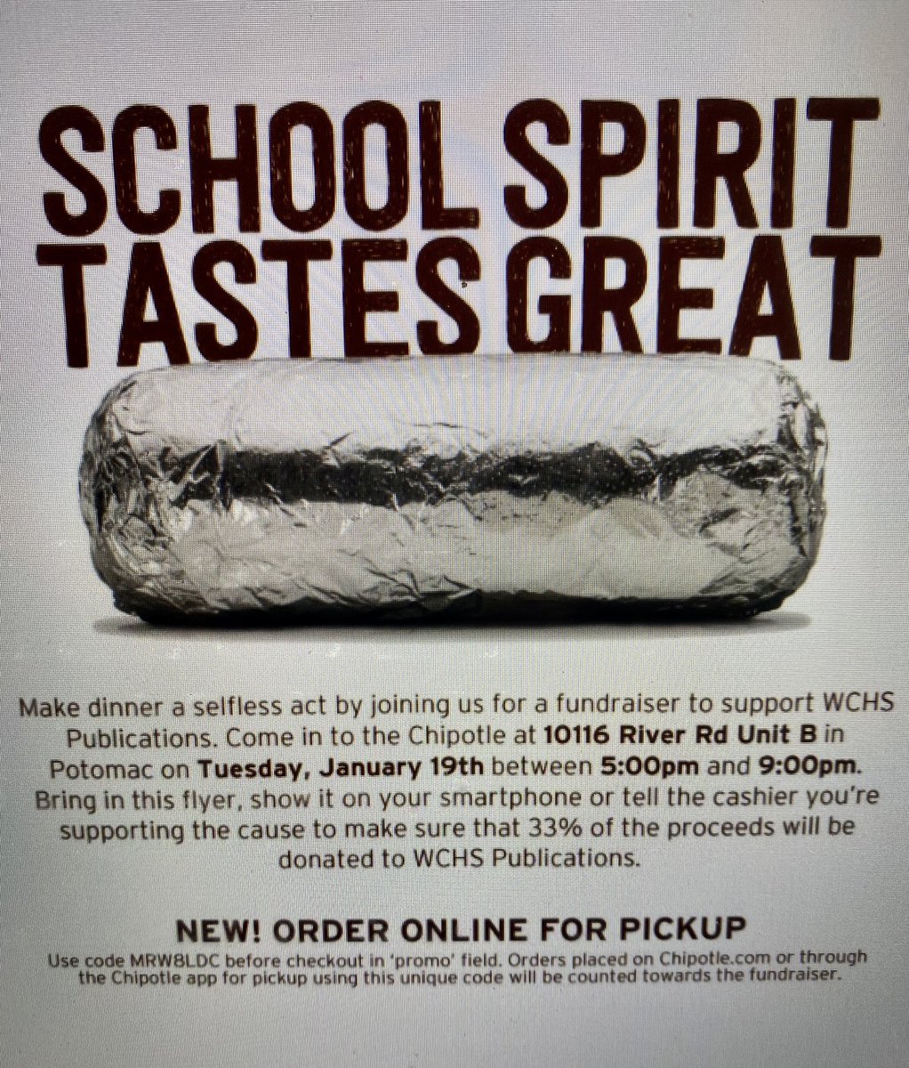 Support your Newspaper and Magazine by eating delicious food!!! 🌯🥗next Tuesday 1/19, Chipotle @ Potomac Village will be hosting our fundraiser! Use code MRW8LDC when ordering online or tell them @ the register it’s for Churchill! See you there!