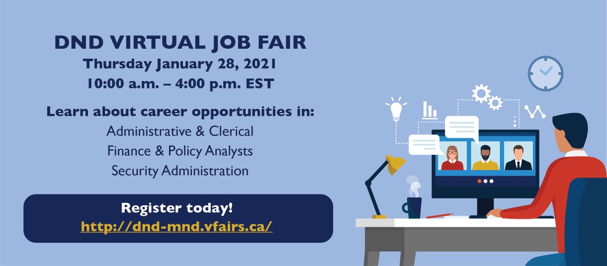 National Defence (@NationalDefence) on Twitter photo 2021-01-15 21:11:46 Do you have education and work experience in Administration, Finance or Policy? Attend our #VirtualJobfair on Thursday, January 28 to learn more about these opportunities at DND! Register soon to reserve your spot 👉 dnd-mnd.vfairs.ca/en/ _ #DNDJobFair #DefenceJobs Do you have education and work experience in Administration, Finance or Policy? Attend our #VirtualJobfair on Thursday, January 28 to learn more about these opportunities at DND! Register soon to reserve your spot 👉 dnd-mnd.vfairs.ca/en/ _ #DNDJobFair #DefenceJobs