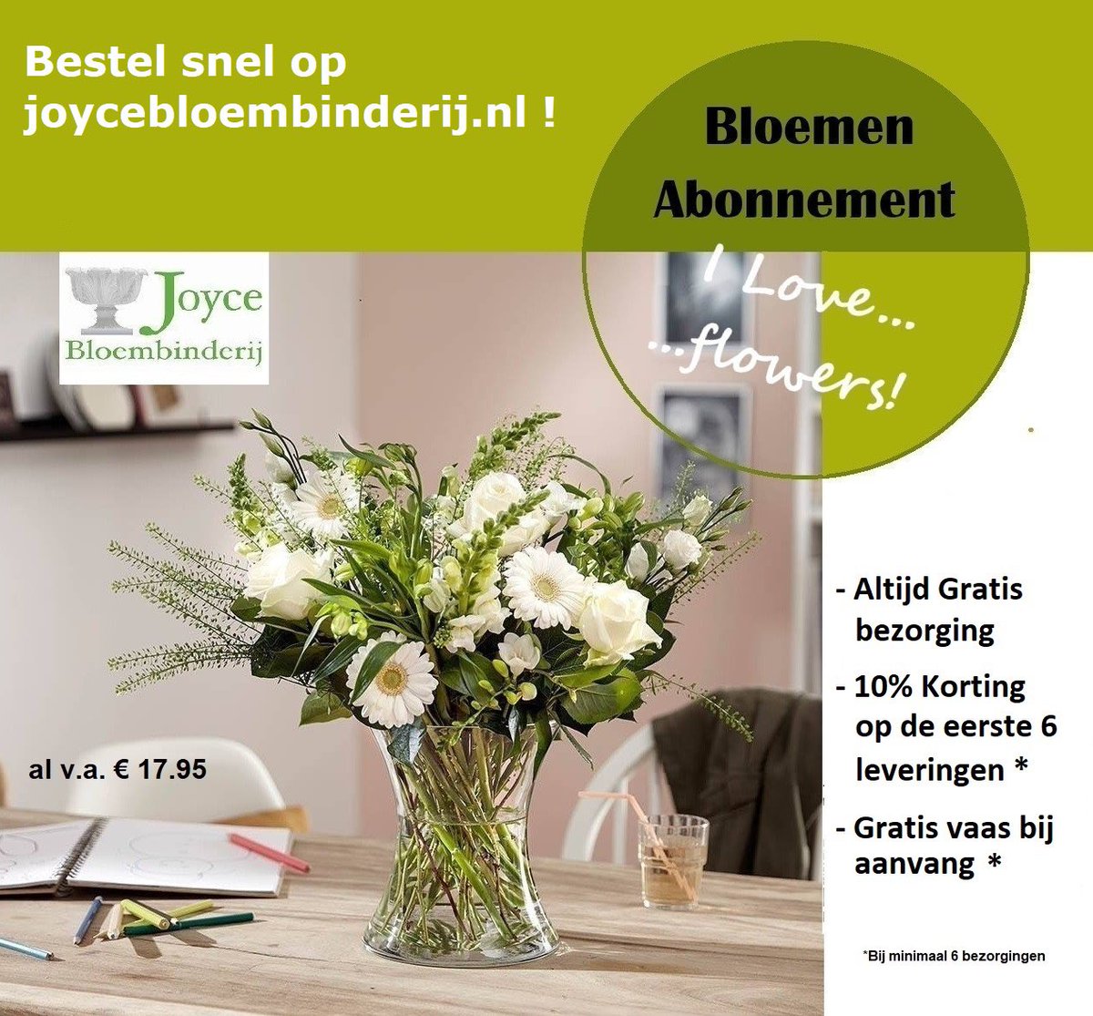 Geniet jij ook zo van verse bloemen in je huis? Maak nu gebruik van onze abonnementservice en profiteer van de voordelen! Lees er alles over op joycebloembinderij.nl/assortiment/pa…. Bel, app, mail ons of kom aan bij ons buitenverkooppunt op de stoep voor onze winkel!