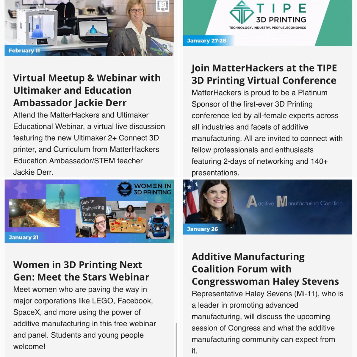 3DPGirl's tweet photo. The @MatterHackers newsletter has FIVE #3DPrinting events by #WomenInSTEM! #AdditiveManufacturing training course by @NewCollarNetwrk, #3DPrinting curriculum from @jmderr10 n @Ultimaker, @additivemanufa4 forum w @RepHaleyStevens, @TIPE3D n @Wi3DP Next Gen! https://t.co/lWtewNkBpw https://t.co/rvi5DeS72N