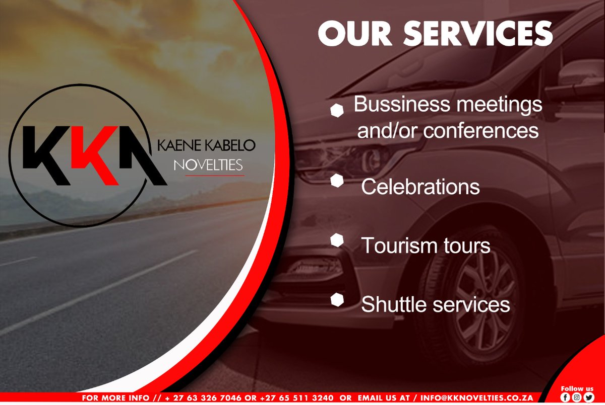 KabeloSegapo's tweet photo. @Skosana_Nonhle We provide private transport services. Based in the North West province. We travel across all provinces in SA and nearby countries😉 #KKN #AllInOneConcept https://t.co/Rujw5PuVRR