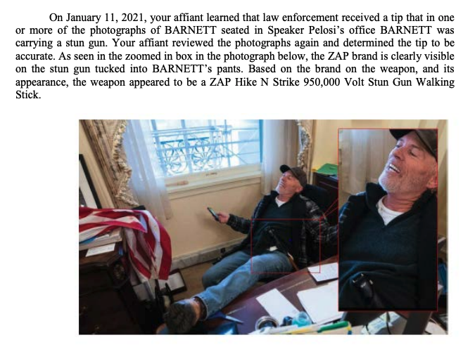 Prosecutors alleged Barnett was carrying a stun gun. He's charged with entering a restricted area w/ a weapon, violent entry/disorderly conduct, and theft. There isn't anything on the docket indicating what the govt/Barnett will be seeking as far as detention v. release
