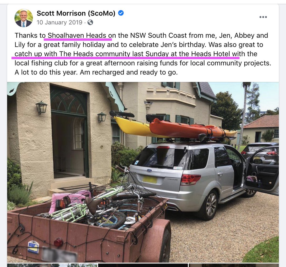 I say yet again, because Scott Morrison seems to find himself speaking of the Shoalhaven Heads Hotel . . .a lot.Here he is back in 2019, complete with a staged "family car" borrowed for the occasion because we all know the PM of Australia is ferried around in a, ah, Ford SUV.