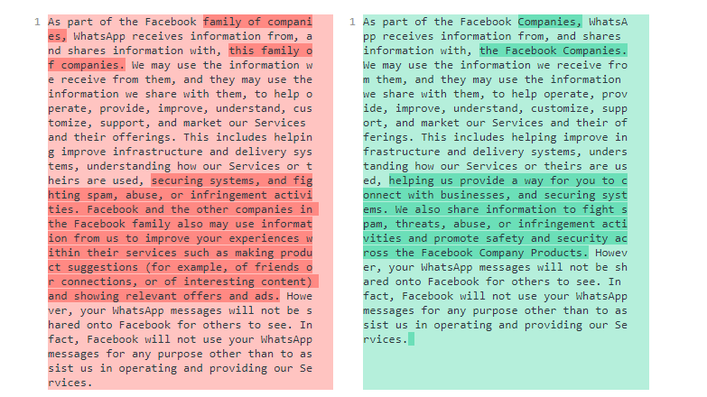 Whatsapp provides services under a very different privacy policy to users in the EU and other GDPR countries.Here's the key paragraph regarding Whatsapp data sharing with FB. Left: global. Right: EU/GDPR.Digital profiling only for safety and security. https://www.whatsapp.com/legal/privacy-policy-eea?eea=1