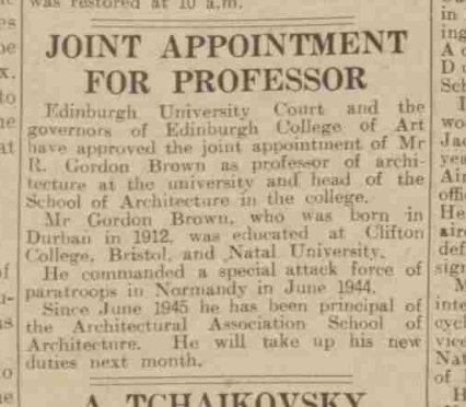 Captain Robert Gordon-Brown 2 i/c A Coy #9thParachuteBn Post #WWII Professor of Architecture

(Dundee Courier 12th January 1949)