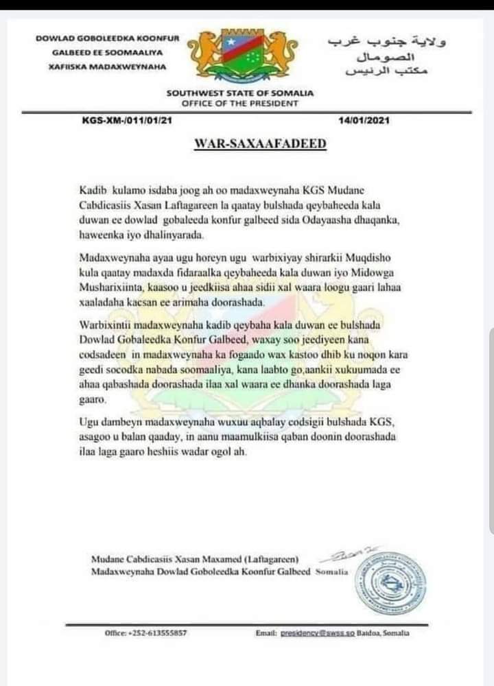 gov_state's tweet photo. Breaking news

President of the South West Administration Abdiaziz Lafta Gareen has issued a statement saying his administration will not hold uncontested elections.

Some of the authorities I contacted confirmed to me that this statement was correct https://t.co/en4O75evy6