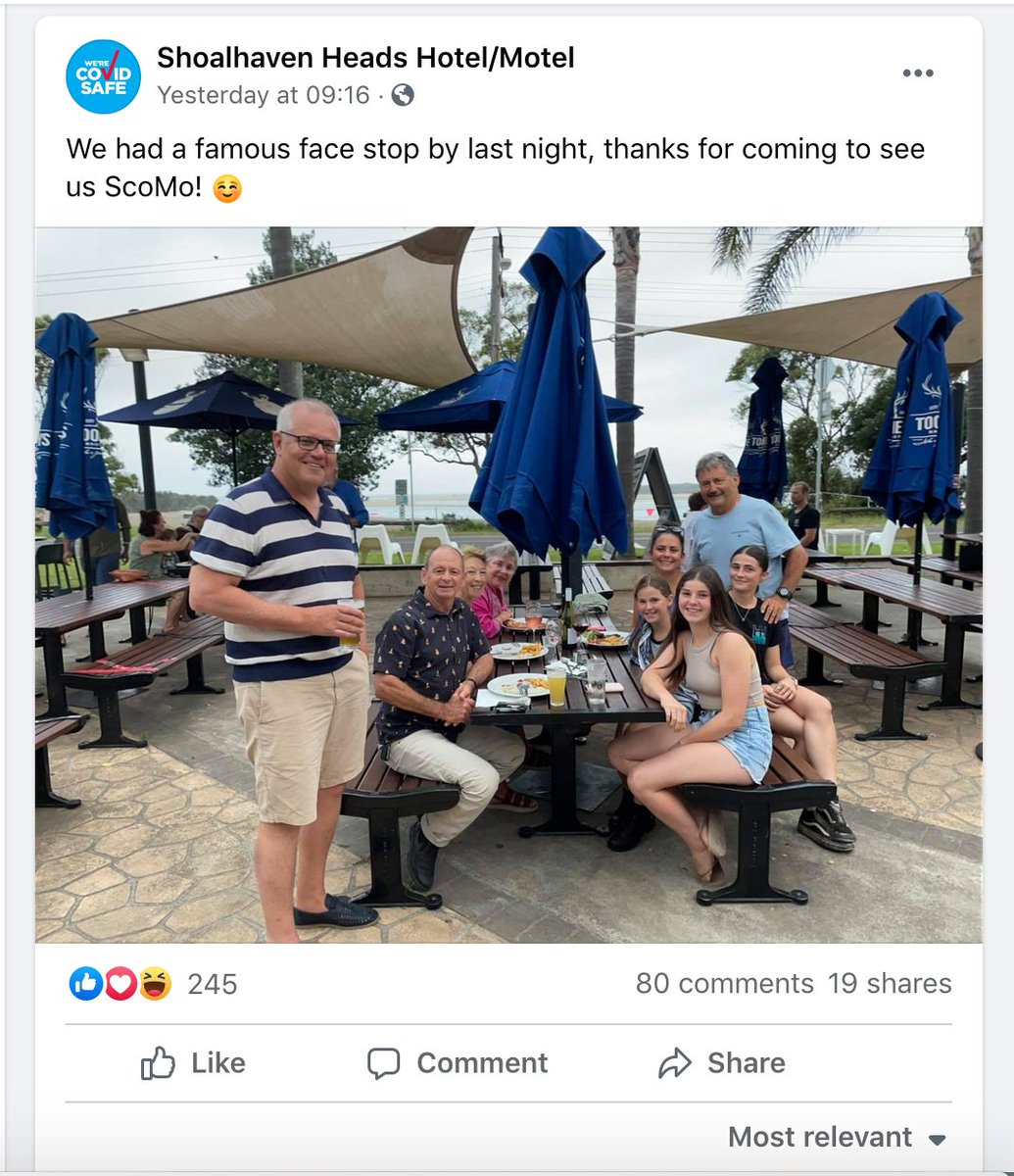 And naturally, when Scott Morrison seemed to magically find himself *checks notes* at the er, Shoalhaven Heads Hotel in a not at all contrived and staged photo opportunity, the lucky folk at the Shoalhaven Heads Hotel popped it on their facebook page.