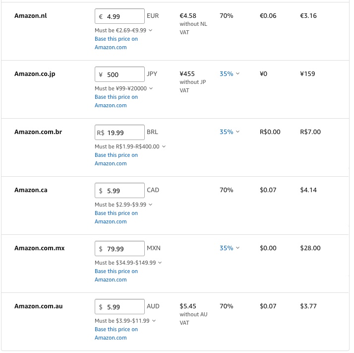 The retailers don't make this super obvious, so I'll add some screenshots here. On Amazon, you're looking for the drop down arrow on the pricing page, to the right of Other Marketplaces (12). This is on a book that is $4.99. Round up or down, but be consistent across retailers.