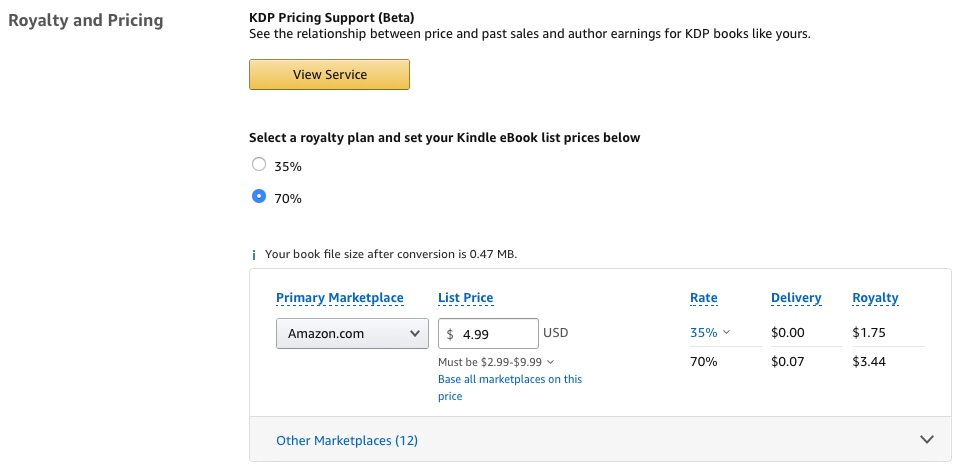 The retailers don't make this super obvious, so I'll add some screenshots here. On Amazon, you're looking for the drop down arrow on the pricing page, to the right of Other Marketplaces (12). This is on a book that is $4.99. Round up or down, but be consistent across retailers.