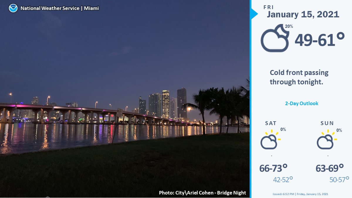 NWSMiami's tweet image. Jan 15 @ 7 PM - Chillier temperatures on the way behind a cold front moving through South Florida overnight. #flwx