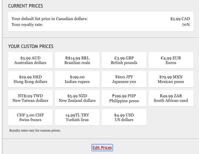On Kobo, the territorial prices are buried under Edit Prices here. Here are screenshots of without and with territorial prices set.