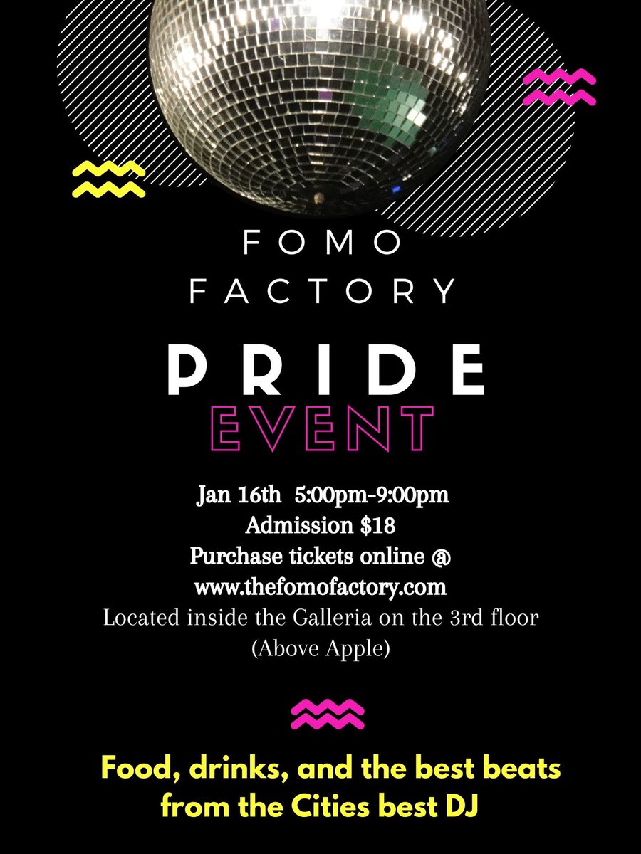 thefomofactory's tweet photo. Missed out on pride 2020? Come see us tomorrow January 16th @ 5:00pm-8:00pm for our 2021 pride event ! 🤗🌈 2 free alcoholic beverages when you purchase a ticket !! tickets are going fast! Click the link in are bio to purchase tickets 😜 #pride #FOMO https://t.co/fEjhzGMb77