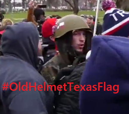 I'm creating  #OldHelmetTexasFlag tag to keep tabs on this guy who is wanted by the FBI as #54-AFO.Military style ponchoOlive pantsYellow gloves Sometimes old helmet with Texas flag sticker #SeditionHunters  #CapitolRiots  @SeditionHunters