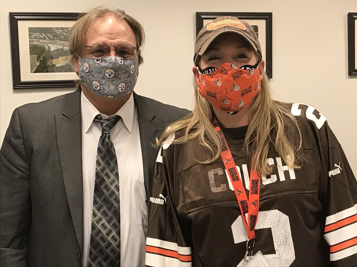 We had a bet to wear each others team masks for a week if your team lost to the other, guess who the big winner was?   Go Browns!