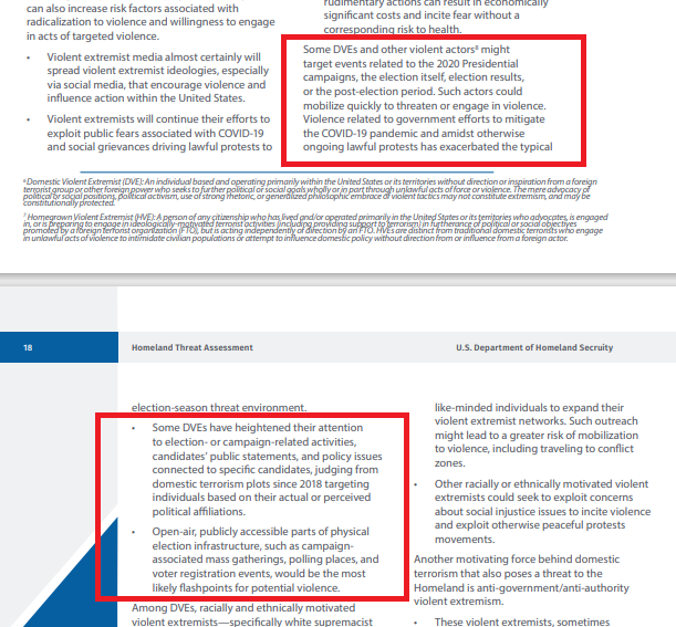 The report further notes that violent extremists could try to target not only the 2020 election, but the election results. And that there is a heightened attention given to election activities and candidates' public statements. 12/