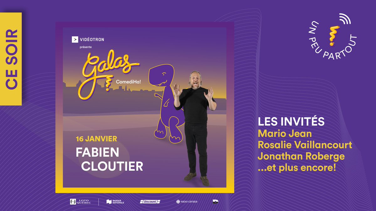 Fabien Cloutier anime son Gala ComediHa! CE SOIR en direct dès 20h sur ComediHa.tv. 🛋

Ses invités seront Mario Jean, Rosalie Vaillancourt, Jonathan Roberge et plusieurs surprises! 

Accès numériques disponibles ici : bit.ly/Gala_FabienClo…
#comediha
