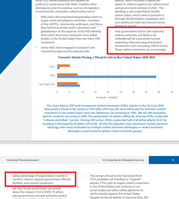 Combining white supremacist violence with anti-government violence would be exceptionally dangerous.These extremists exploit peaceful protests to "conceal violent attacks" and take "advantage of large crowds to conduct violence against government officials . . ."14/