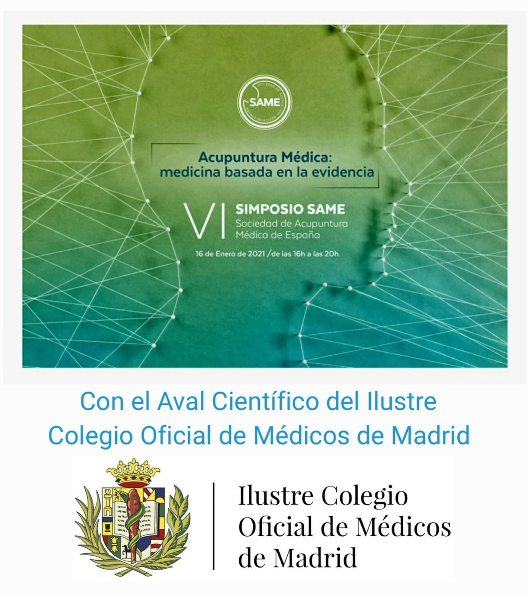 La Sociedad de Acupuntura Médica de España (SAME) agradece q el Ilustre Colegio Oficial de Médicos de Madrid <a href="/Icomem_Oficial/">ICOMEM</a> haya otorgado su Aval Científico al
"VI SIMPOSIO SAME – #Acupuntura #Médica: Medicina Basada en la Evidencia"

(Gran premio a un gran esfuerzo divulgador)
