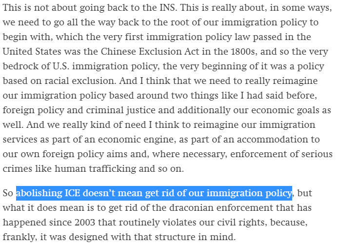 That same year, she told The Intercept: "So abolishing ICE doesn't mean get rid of our immigration policy, but what it does mean is to get rid of the draconian enforcement that has happened since 2003..." https://theintercept.com/2018/06/27/an-interview-with-alexandria-ocasio-cortez-the-young-democratic-socialist-who-just-shocked-the-establishment/