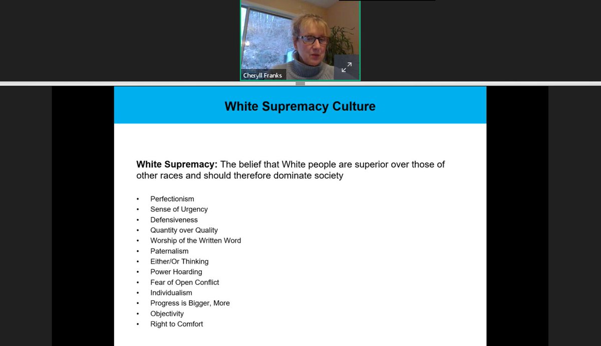 Not gonna lie. I see myself in many of these characteristics of white supremacy, especially perfectionism, defensiveness, individualism and right to comfort. Not proud or comfortable posting this. From  @NASW workshop on White Supremacy.