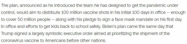 One of the more interesting things to watch is the media narrative around vaccinesJoe Biden's original 100-day goal was to *distribute* 100 million vaccines in his first 100 days.This was in early December https://www.cnn.com/2020/12/08/politics/biden-100-million-vaccines-100-days/index.html