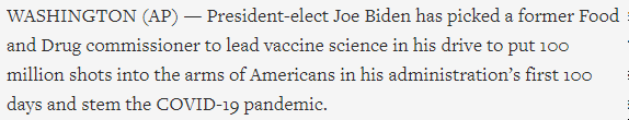 We will easily make that goal. We've been doing about 1 million vaccines distributed per day since we started sending vaccines out.As that became clearer, the goal (appropriately) shifts to "100 million shots in arms" as the target https://apnews.com/article/david-kessler-chief-science-officer-9478b651c6c71b736314ee058f8fae7a