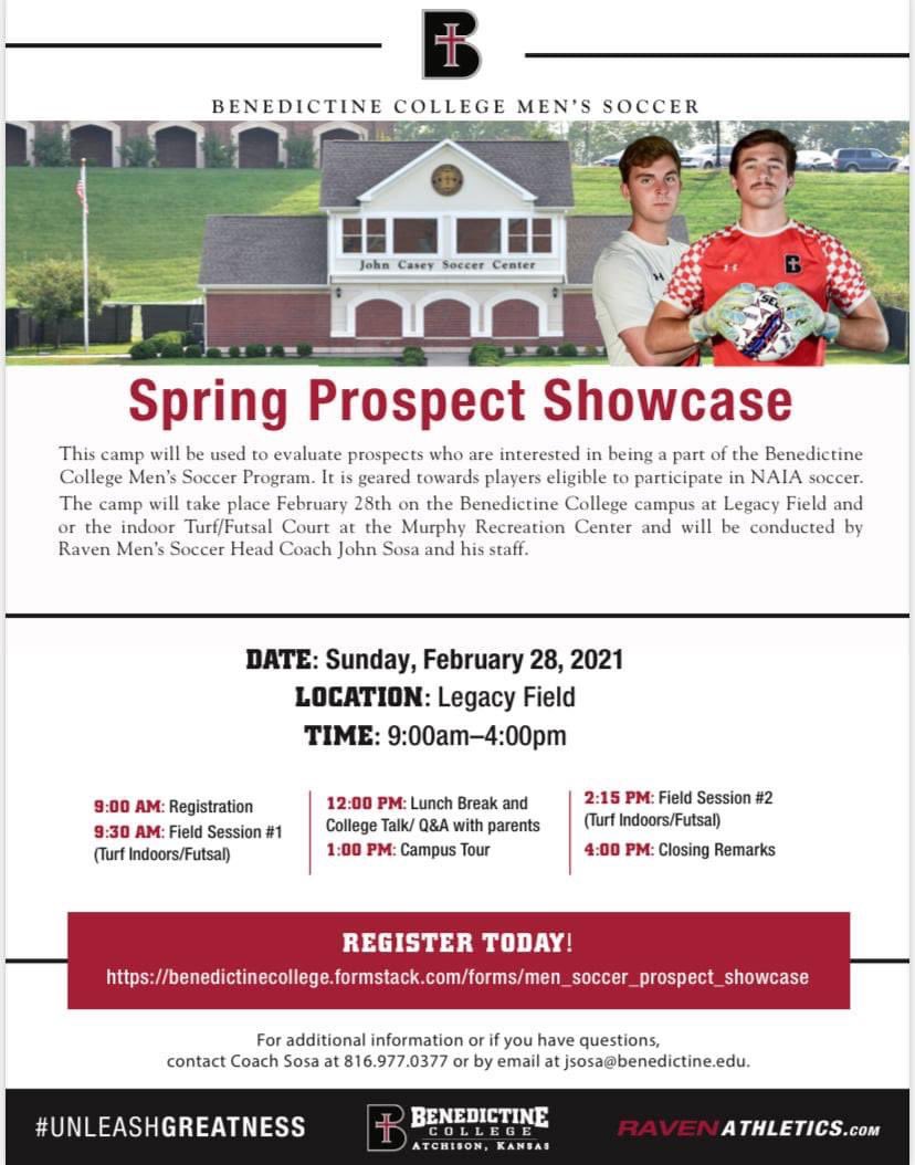 MARK YOUR CALENDARS!!
2021 Spring Prospect Showcase has Arrived!

REGISTER AT: benedictinecollege.formstack.com/.../men_soccer... 

*covid guidelines will be followed to ensure proper safety

GO RAVENS!!