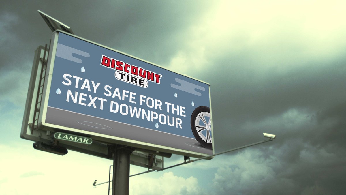 PlaceExchange's tweet photo. We worked with @DiscountTire to reach drivers and increase store visits using highly-visible #programmatic #billboards in target regions. The creative messaging adjusted dynamically to #weatherdata in #realtime. #dynamiccreative #OOH https://t.co/566leU5vgt