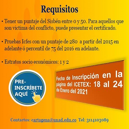 La Alcaldía de Cartagena en convenio con la UNAD, beneficia a egresados de instituciones educativas oficiales y no oficiales, con matricula contratada del Distrito de Cartagena
Preinscríbete Aquí: docs.google.com/forms/d/e/1FAI…