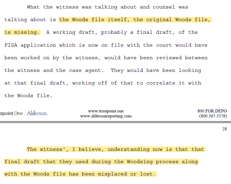 The Senate has released Crossfire Hurricane transcripts. Excerpt from discussion during Joe Pientka (SSA1) testimony: The 'original Woods file is missing' from the 1st Carter Page FISA application.