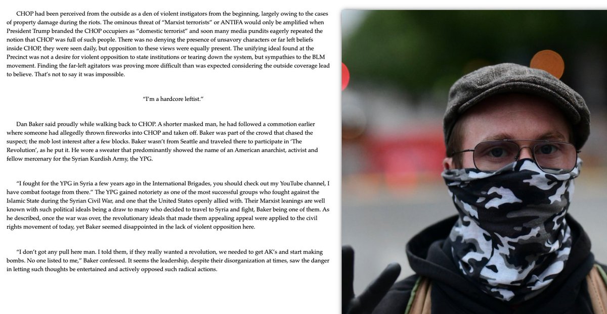 Baker traveled to  #Seattle where he participated in the CHAZ/CHOP events. He encouraged people to throw paint balloons at police. He was present during the shooting of two black teens.Footage - He can be seen profiled in the fall of chop article/website