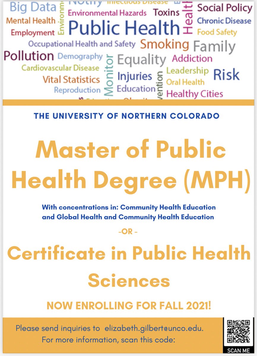 UNCoNASS's tweet photo. Attention UNC students! The Colorado School of Public Health @ UNC is now enrolling for 2021! Scan the QR code for more info, or email Dr. Gilbert (elizabeth.gilbert@unco.edu) with any questions. https://t.co/0BIIfiHhod