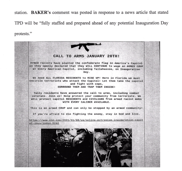 In the lead up to J20, he made posts with "A call to arms" (quoting a CNN article).He's previously posted a bunch about war is coming, how many police officers there are in Florida, and how he was an anarchist that wanted to burn capitalist society