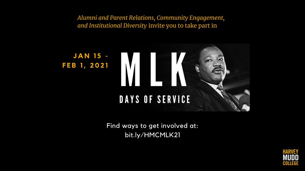 HMC_OID's tweet image. Find virtual volunteer opportunities for #mlkdaysofservice at bit.ly/HMCMLK21 @HarveyMuddOCE @HMCAlumni