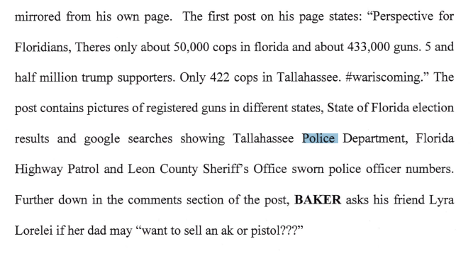 In the lead up to J20, he made posts with "A call to arms" (quoting a CNN article).He's previously posted a bunch about war is coming, how many police officers there are in Florida, and how he was an anarchist that wanted to burn capitalist society