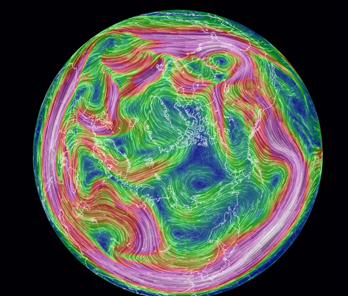 9/ There's a pretty pentagonal Rossby wave in the jet stream circling the Northern hemisphere at 250 hPa right now. Wild winter weather & elecricity grid outages for everyone!  https://earth.nullschool.net/#current/wind/isobaric/250hPa/orthographic=-245.26,94.13,332  https://twitter.com/70sBachchan/status/1194307795773902848