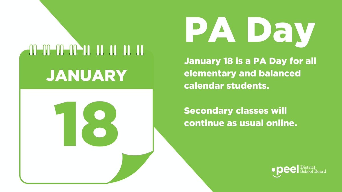 #PeelFam: Today is a PA Day for all elementary and balanced calendar students. 

See you back online tomorrow! 👋