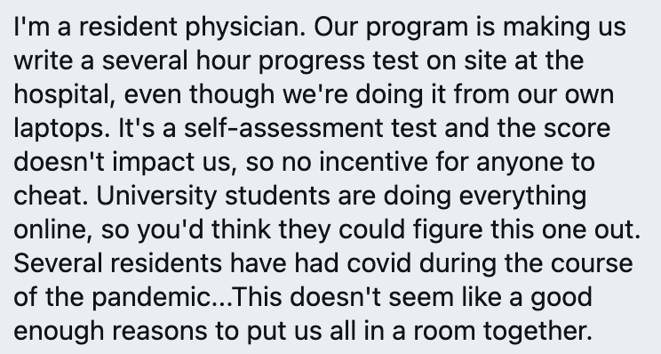 My alma mater, U of T, having resident physicians write a self-assessment where the score doesn't matter on a laptop on site in hospital with a group of other residents seems like a good learning case for U of T medicine's public health block