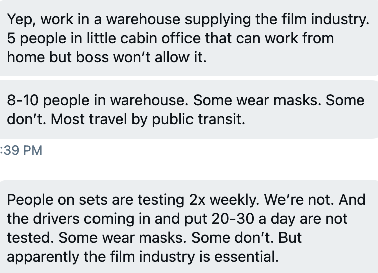 Another member of Ontario's film and TV essential industry support staff who doesn't care one whit about how many times the actors are getting tested because he sure isn't and nor are the people he works in close proximity with