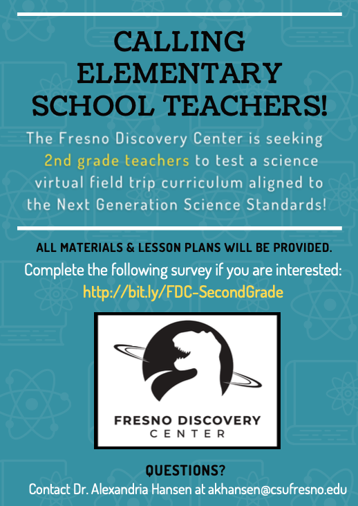 Spread the word! @TDCFresno &amp; <a href="/Fresno_State/">Fresno State</a> are seeking 2nd grade teachers to pilot a virtual field trip curriculum aligned to #NGSS. All materials &amp; lesson plans are FREE. Sign-up here: bit.ly/FDC-SecondGrade

#STEM #STEMeducation #distancelearning #teachertwitter #2ndgrade