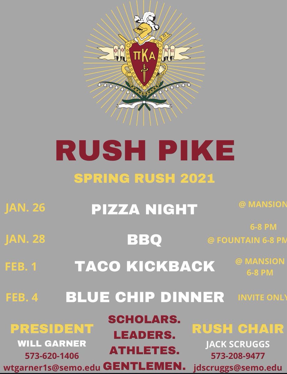 As second semester is closing in, no better way to end this break then to check out the men of Epsilon Iota. If you or anyone you know is interested in rushing Pike, join us, and have some fun in these Spring 2021 rush events! #RushPike #PiKappaAlpha