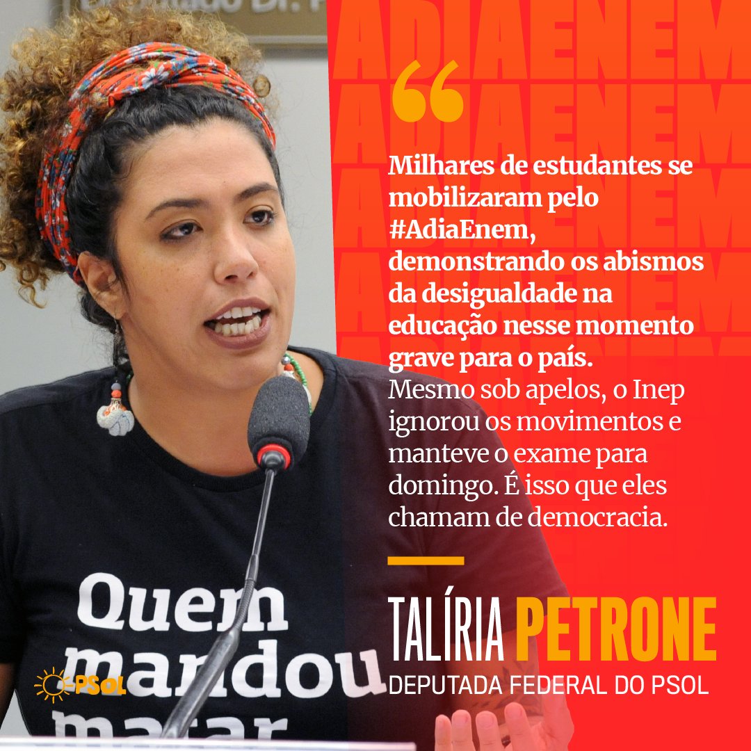 psol50's tweet photo. É isso que eles chamam de democracia. É um absurdo exigir que milhões de estudantes se aglomerem para fazer uma prova neste domingo. #AdiaEnem! @taliriapetrone https://t.co/xWW2cMeTZT