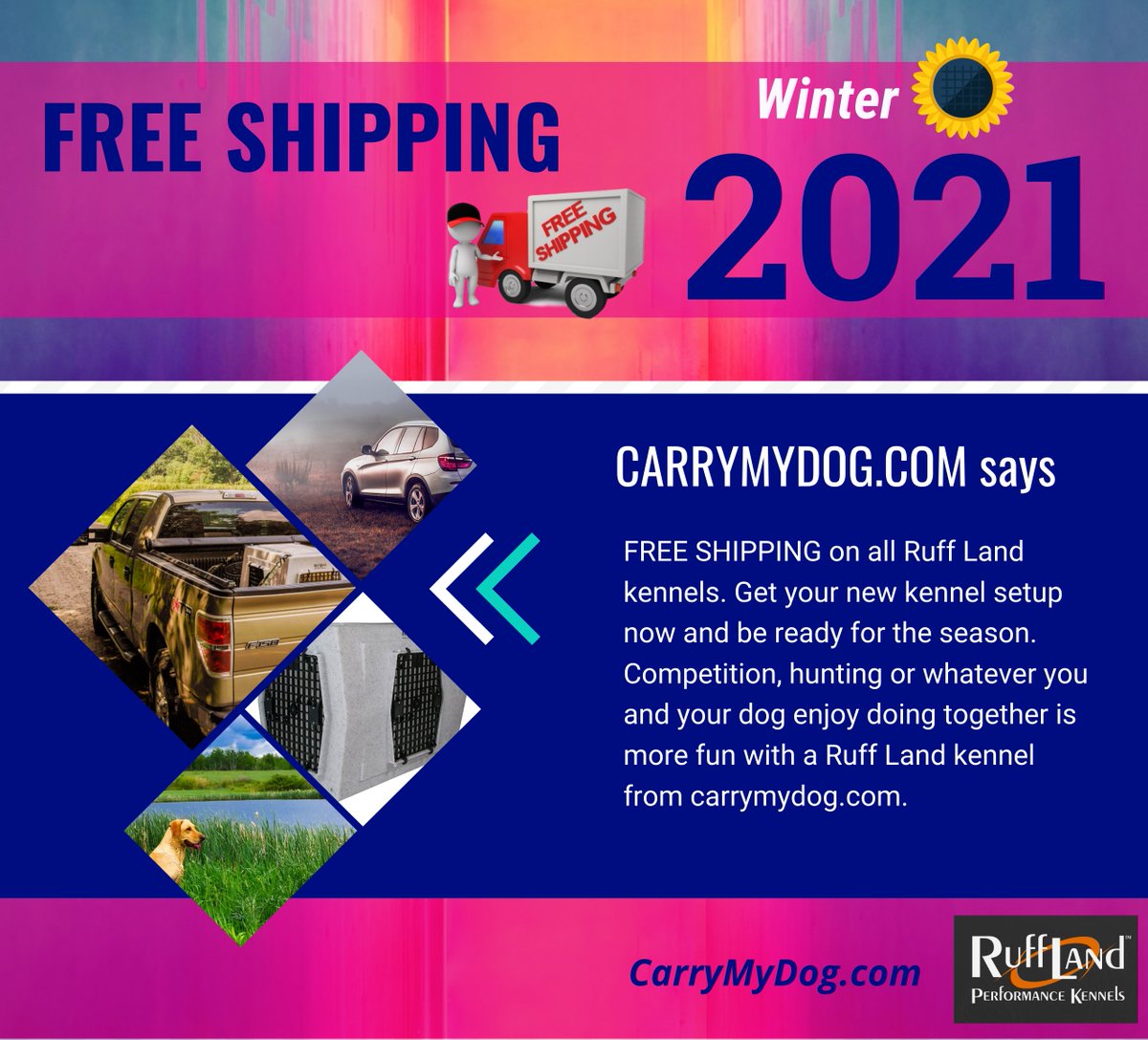 A reminder that FREE SHIPPING is your when you get your Ruff Land kennel from CarryMyDog.com. #carrymydog.com #rufflandkennels #besttravelkennel #safekennels