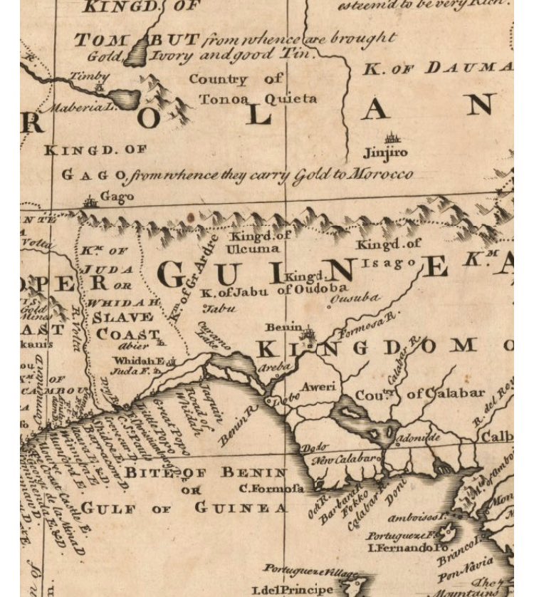 This is a close up of the 1747 AD Bowen map of Negroland, also a part of Guinea, and the ‘slave coast’ where ships would dock overlapping a tribal kingdom known to be called Juda