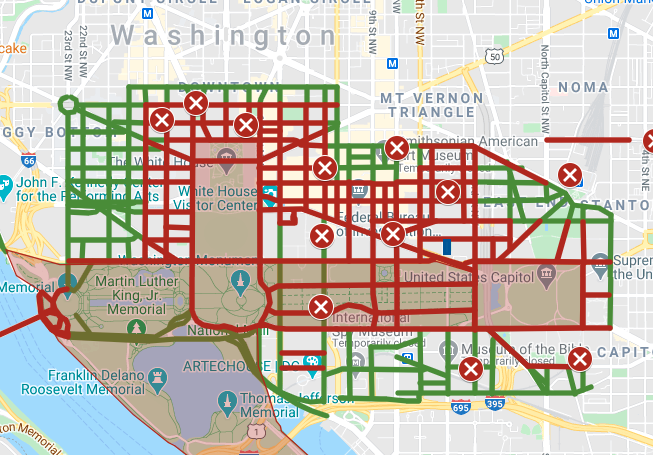 aseitzwald's tweet image. This is basically all of downtown DC. Green is restricted to local business and residents only, red is no go. dcist.com/story/21/01/13…
