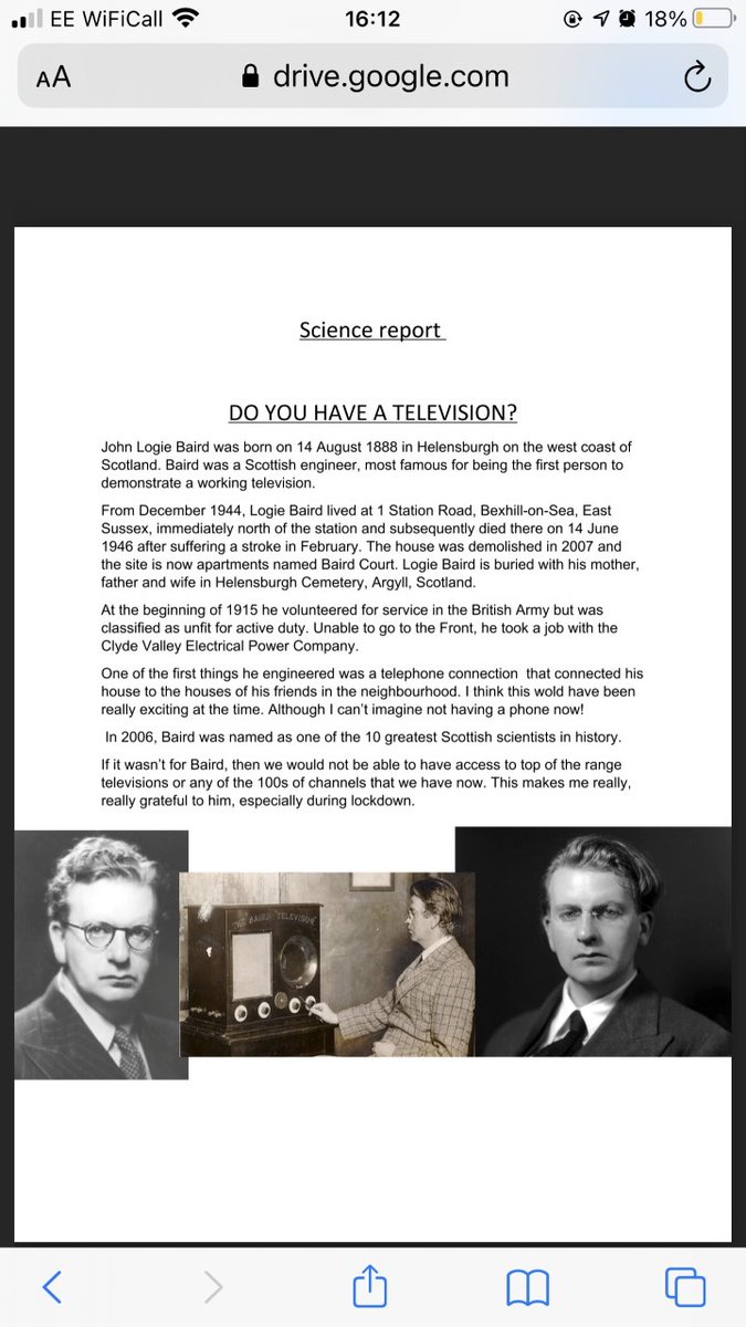 Neat short report on 'researching a famous scientist' as part of week 1 S2 remote lesson delivery. 
Well done, Rosie! 📊💻📱🔬📡