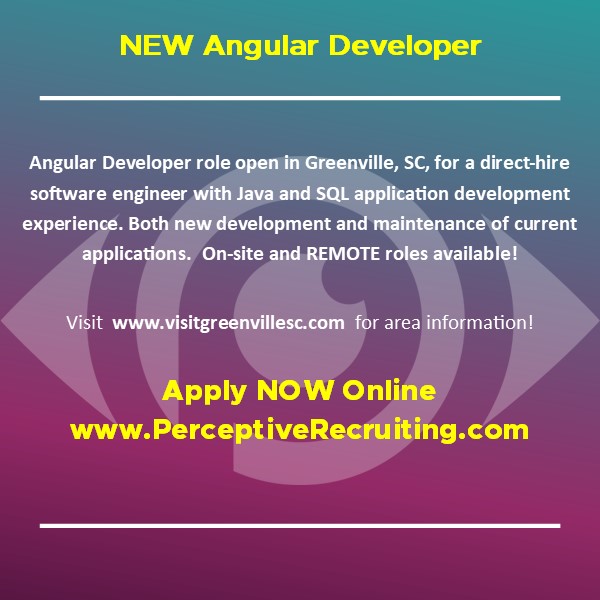 PerceptiveRecr1's tweet image. NEW Hot Job Alert! Angular Developer opportunities in the Upstate, on-site and remote roles are available! #PerceptiveRecruiting #WomanOwned #SupplierDiversity #DirectPlacement #recruiting #careers #jobsearch #hiring #developer #java #angularjobs