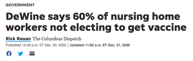 How big of a problem is this? There's no comprehensive data yet, and some facilities are reporting 80%+ staff uptake. But others are reporting as low as 20-30% and the anecdotal average appears to be ~50-60%.  https://apnews.com/article/coronavirus-vaccine-health-workers-676e03a99badfd5ce3a6cfafe383f6af