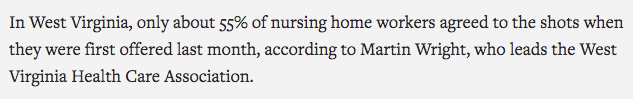 How big of a problem is this? There's no comprehensive data yet, and some facilities are reporting 80%+ staff uptake. But others are reporting as low as 20-30% and the anecdotal average appears to be ~50-60%.  https://apnews.com/article/coronavirus-vaccine-health-workers-676e03a99badfd5ce3a6cfafe383f6af