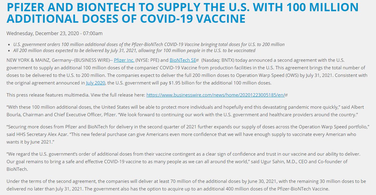 THREAD: How much vaccine can the U.S. expect to have available over the course of 2021?Pfizer and Biontech have pledged to deliver 200 million doses, enough for 100 million people, by July 31. 1/ https://www.pfizer.com/news/press-release/press-release-detail/pfizer-and-biontech-supply-us-100-million-additional-doses